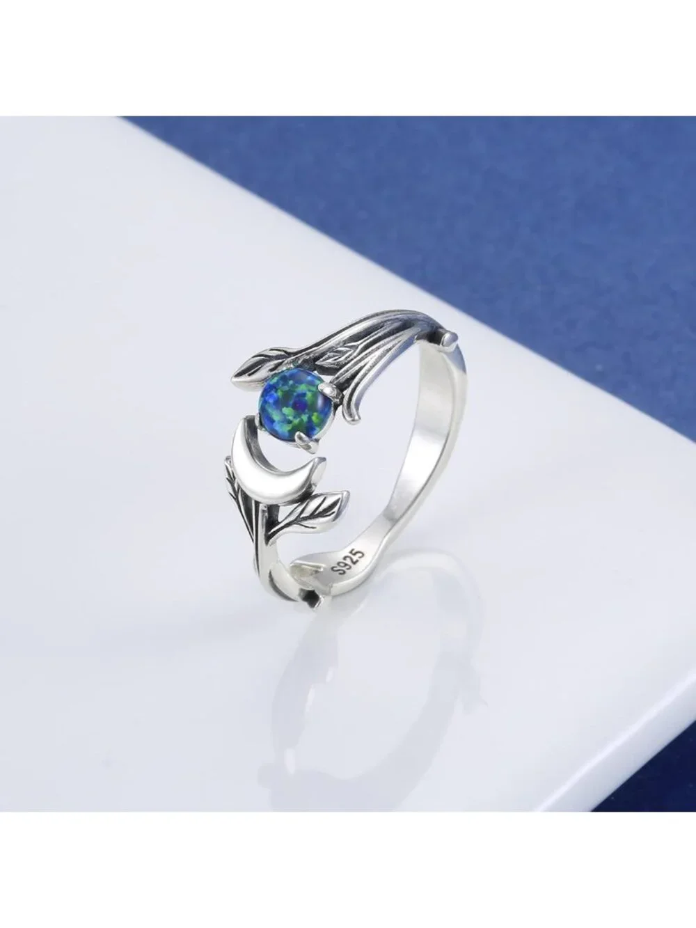 Adjustable Vintage Crescent Moon Ring - 925 Sterling Silver Opal & Turquoise